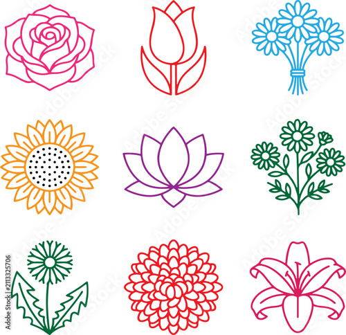 Collection of nine stylized floral icons in bright outline against a white background for graphic design projects
