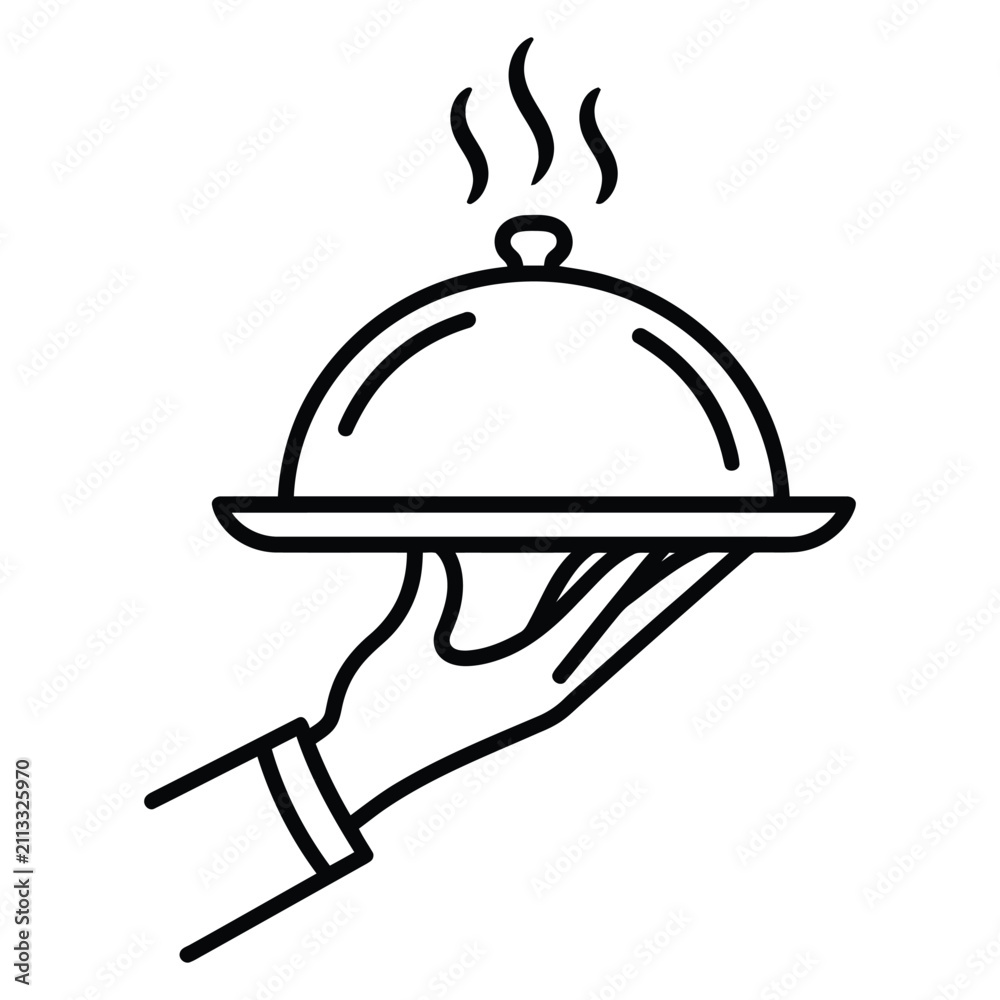 Fototapeta premium Waiter Hand Holding Hot Food Tray Cloche Line Icon Vector Illustration