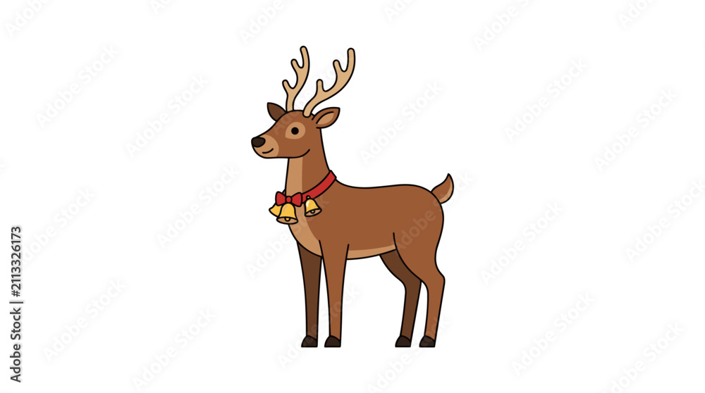Obraz premium Cute cartoon reindeer with antlers wearing a red collar with golden bells on a white background