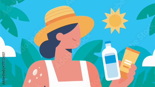 Fotografía Illustration Of Summer Body Care, Sunscreen, Hat, Drinking Water, And Sunlight V