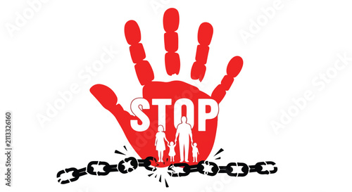 Stop Child Trafficking Concept. Human Rights Illustration. Red Hand Symbol. Broken Chain Vector Graphic.