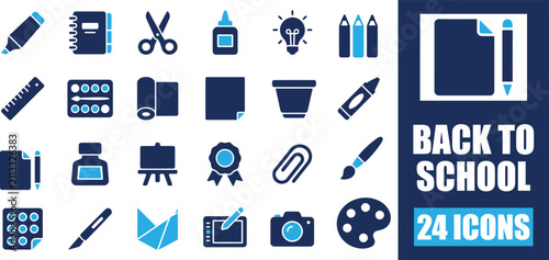 Canvas Print A collection of 24 back to school and art supply icons in a two-tone blue color scheme, featuring various stationery and creative tools