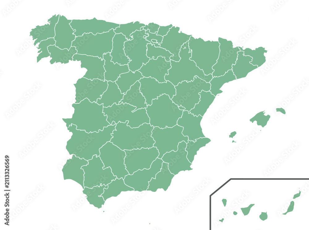 Obraz premium Green Map of Spain with Administrative Provinces and Canary Islands Inset