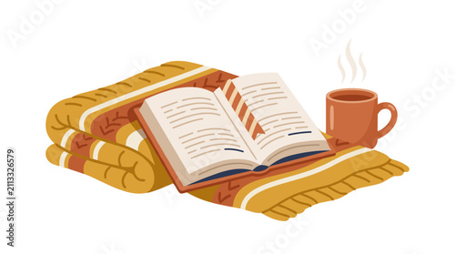 Cozy scene with an open book and a steaming mug of coffee on a warm blanket