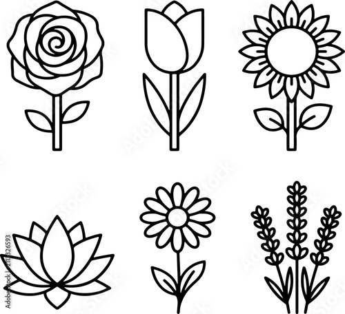 Collection of stylized floral icons in a clean linear design against a white background for graphic use