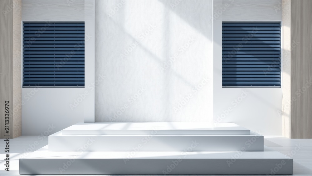 Fototapeta premium Minimalist stage. White platform, bright light, shadows. Clean design, modern aesthetic, presentation space. Empty room, focus on geometry.