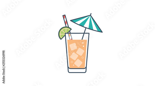 Refreshing Orange Cocktail with Ice Cubes Lime Slice and Tropical Umbrella