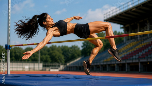 Indian Woman High Jump Champion Clearing Crossbar with Fosbury Flop Technique at Athletics Stadium