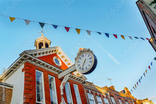 The famous 18th century Guildhall clock on High Street in historic Rochester, Kent, England