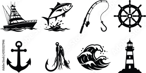 Maritime Icons Collection Featuring Fishing Boat Fish And Nautical Elements