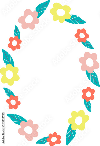 Wreath frame with colorful flower elements. Trendy graphic template. Cute empty frame box