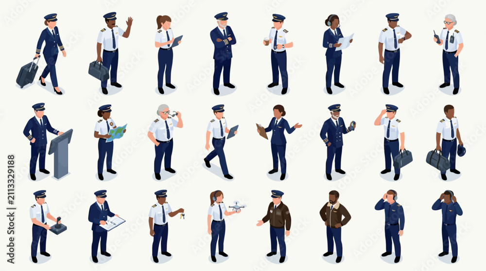 Obraz premium Diverse aviation and airport personnel in professional attire performing various tasks orderly and systematically