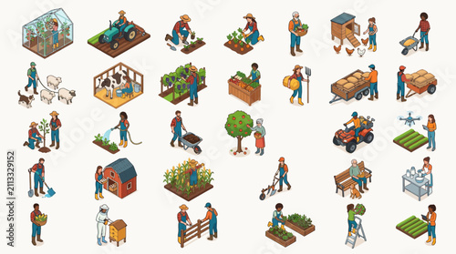 community gardening and outdoor agriculture activities depicting diverse people engaging in various farming and horticultural
