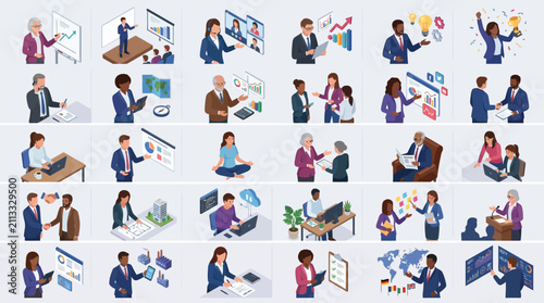 diverse business professionals engaging with technology and data analysis in collaborative work environment
