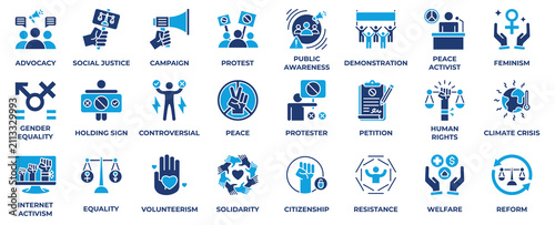 Obraz na płótnie Activism icon set collection in dual tone style, an icon pack contain advocacy, protest, social justice, campaign, demonstration, solidarity, social right and more