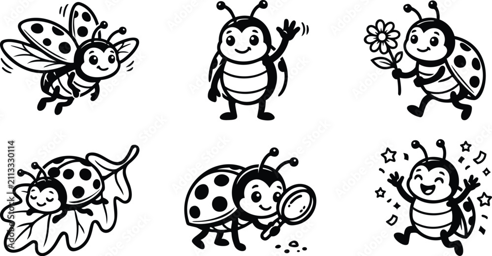 Fototapeta premium Playful bee line art illustrations in black and white with cheerful poses