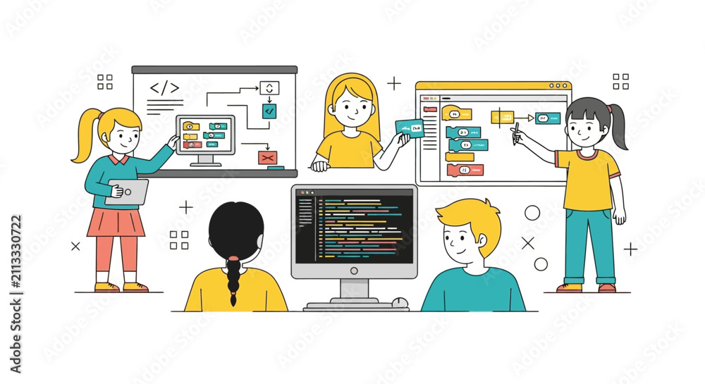 Naklejka premium Children learning computer programming and coding in modern classroom