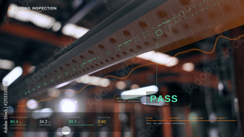 Automated industrial coating inspection system analyzing steel beam surface thickness and quality control data with futuristic digital heads-up display overlay in smart factory manufacturing