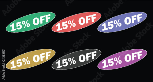 Set of 15 percent off sale sticker with dotted border for retail promotions vector illustration