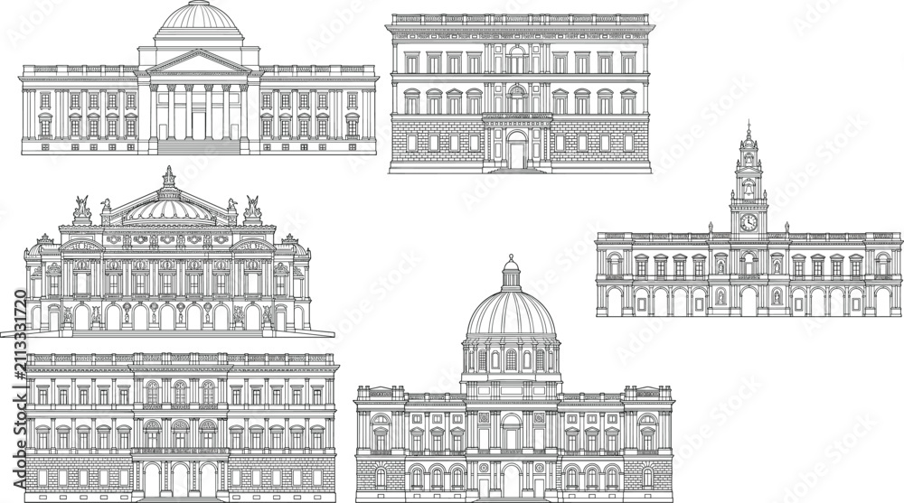 Obraz premium Classical Government and Historic Building CAD Elevation Outline Collection for Architectural Design
