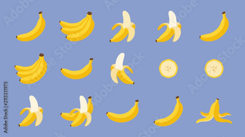 Set of flat vector illustrations of bananas in various stages of peeling and slicing.
