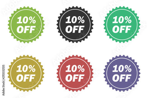 set of 10 percent off starburst sticker with dotted border during bright studio lighting