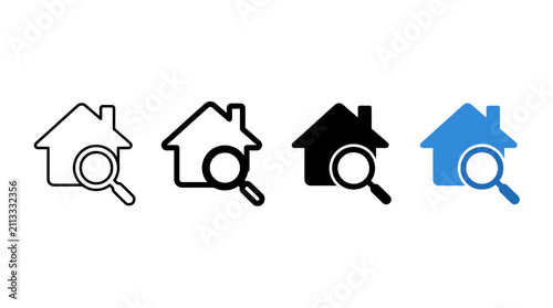 Set of four house icons with a magnifying glass representing home search and real estate inquiry in color variations