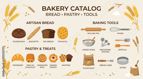 Foto Bakery catalog infographic with various types of bread pastry and professional baking tools illustration