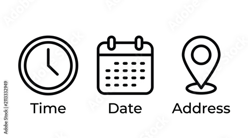Minimalist time, date and location icons (clock, calendar, map-pin) for UI design and scheduling, events, and navigation.