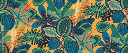 Bright vector seamless pattern with colorful tropical plants and flowers, palm leaves. Cute botanical abstract contemporary endless background.