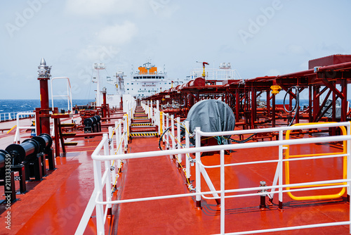 Central walkway and cargo pipeline system on the deck of a modern oil tanker sailing at sea. Industrial maritime infrastructure used for safe cargo handling and petroleum transportation.