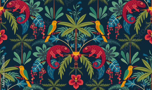 Vector seamless pattern with tropical plants and flowers, wild animals, exotic birds, chameleon