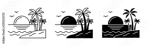 Tropical Beach Sunset Icons, Palm Trees, Ocean Waves, Vector Graphics for Vacation and Travel