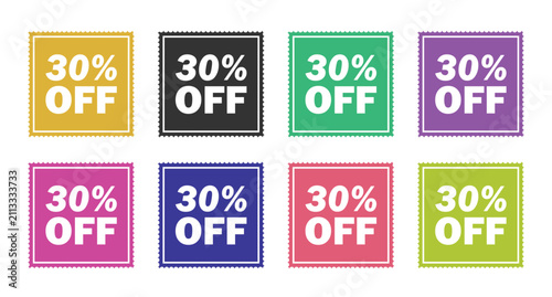 Set of Thirty percent off discount stamp graphic with dotted colorful border tag level vector illustration.