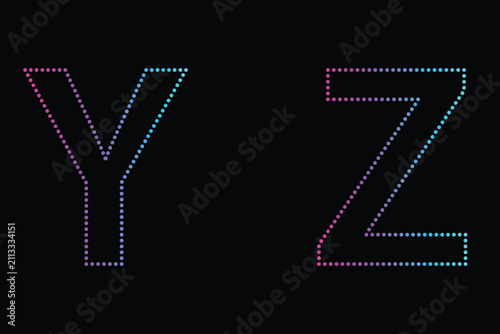 Uppercase letter Y and Z  formed by gradient colored dots on a vector illustration 
