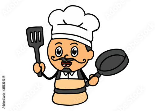 Cute Chef Character Holding Frying Pan and Spatula