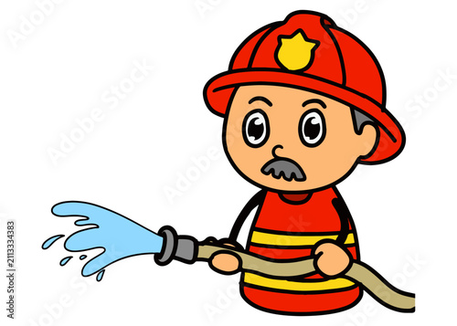 Cute Firefighter Character Spraying Water Hose