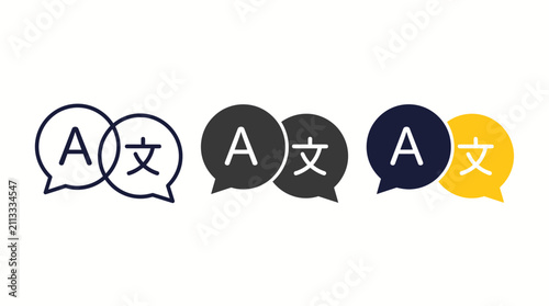 Multilingual speech bubble icons with A and Chinese character symbols representing translation, language learning, and global communication