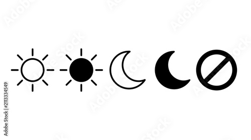 Five vector icons illustrating day and night concepts plus a no-entry symbol: sun outline, sun filled, crescent moon, solid moon, and prohibition sign