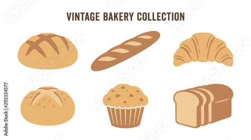 Set of various hand drawn bakery items including bread loaves and croissant.