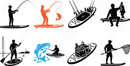 Paddle Board Fishing Icons Vector Illustrations On White Background angler