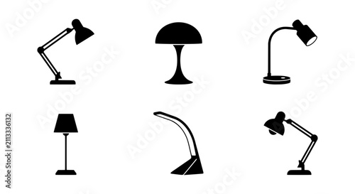 Modern Desk Lamp Icons, Contemporary Table Light Silhouettes, Minimalist Lighting Vector Set