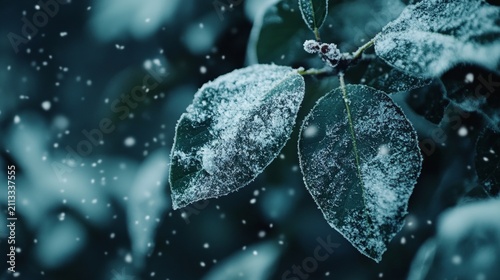 Close Up View of Leaves Covered with Snow