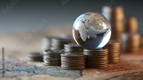 Close-up of a glass globe on stacked coins with a blurred world map in the background, symbolising global finance, investment, economic growth, and international business.