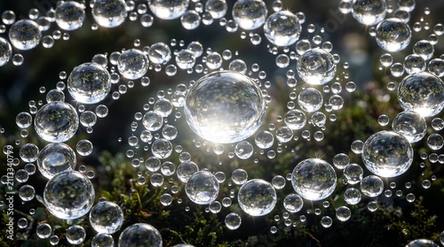 Morning dew drops on spider web spiraling pattern with abstract wildlife reflection close-up environment transparent freshening