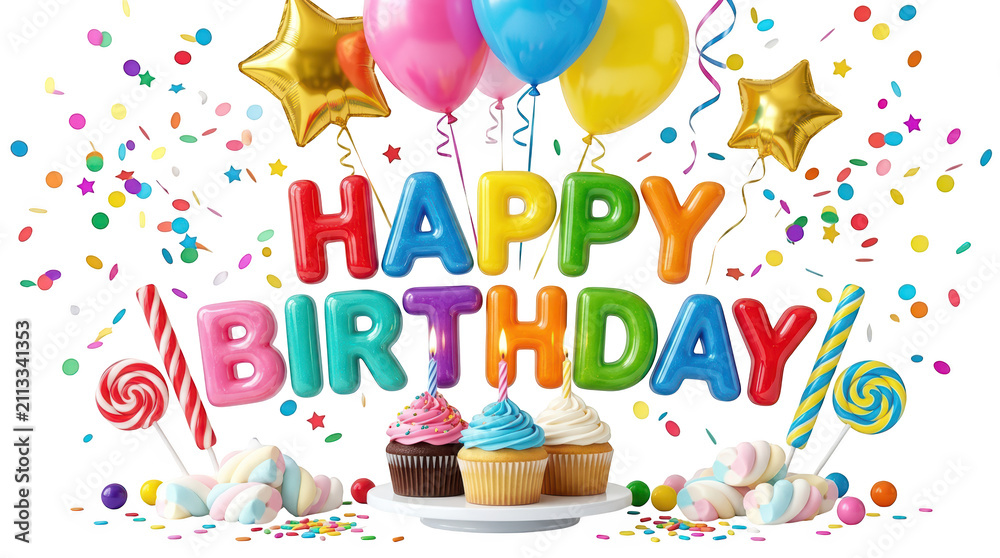Obraz premium Happy birthday text with balloons, cupcakes, and candy isolated on transparent background