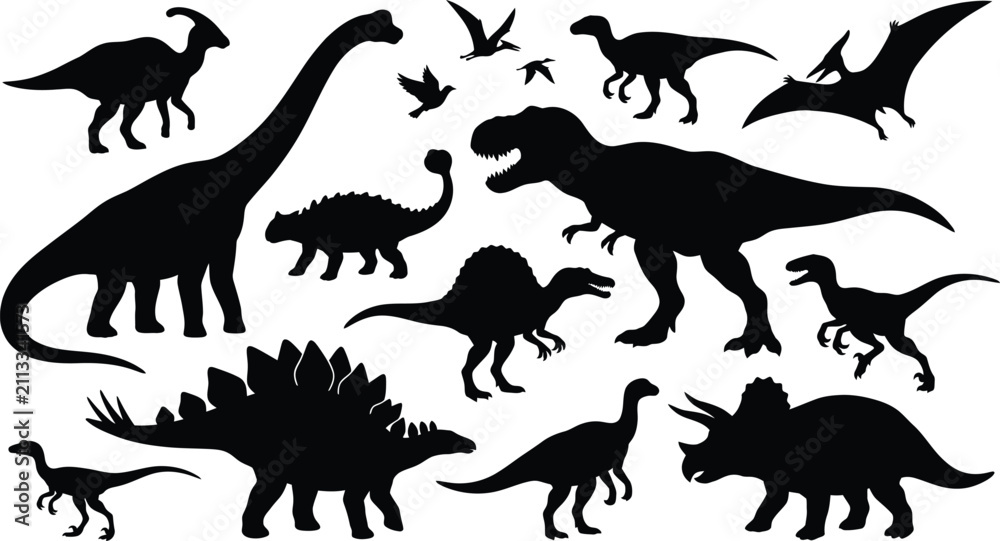 Obraz premium Collection of various dinosaur silhouettes including predatory and herbivorous species on a plain white background