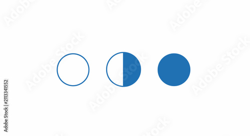 Three circular shapes showing different levels of blue color fill