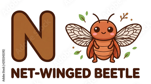 Net Winged Beetle Letter N Educational Kids Animal Alphabet Flashcard