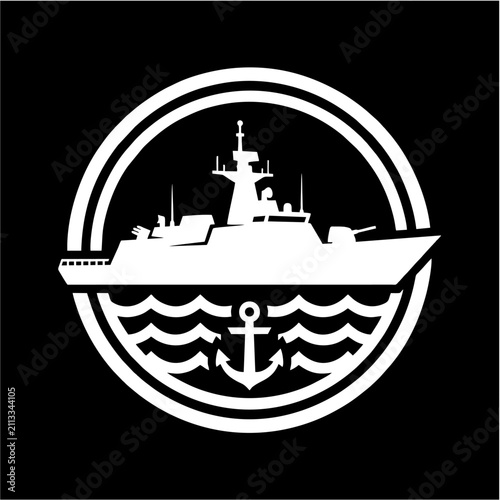 A navy warship sailing through ocean waves with an anchor symbol and a circular emblem design, depicting maritime military strength and naval operations at sea